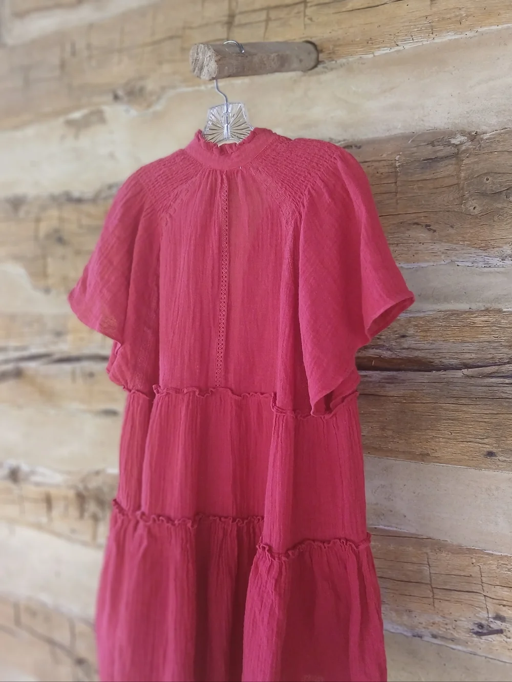 Karlie Red Flutter Sleeve Tiered Linen Cotton Mini Dress Medium - Picture 6 of 9